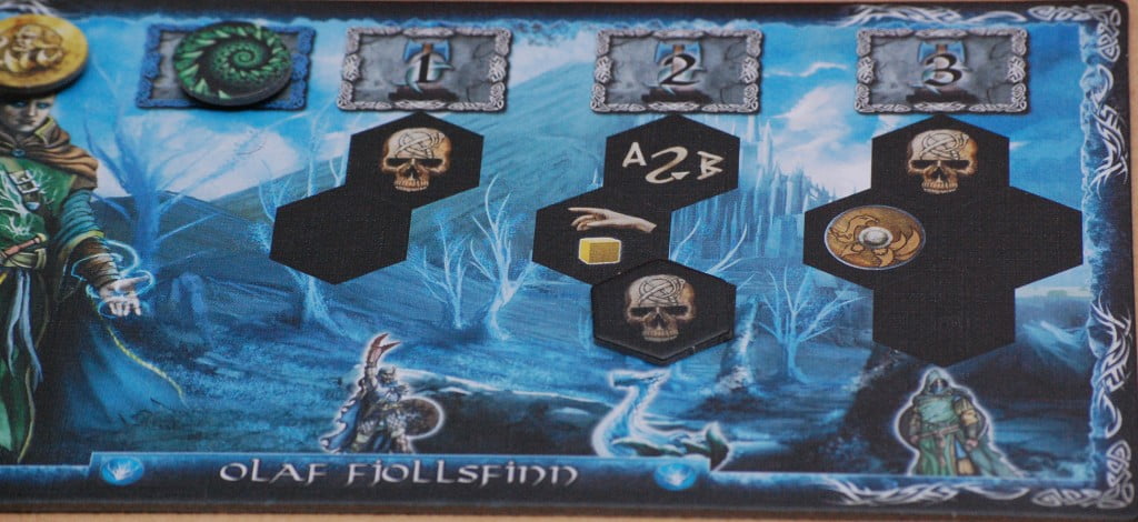 La tabella del giocatore mostra le 3 diverse tipologie di unità. Alcuni spazi sono predeterminati e riportano icone "uniche", altri sono lasciati all'arbitrio dei giocatori..
