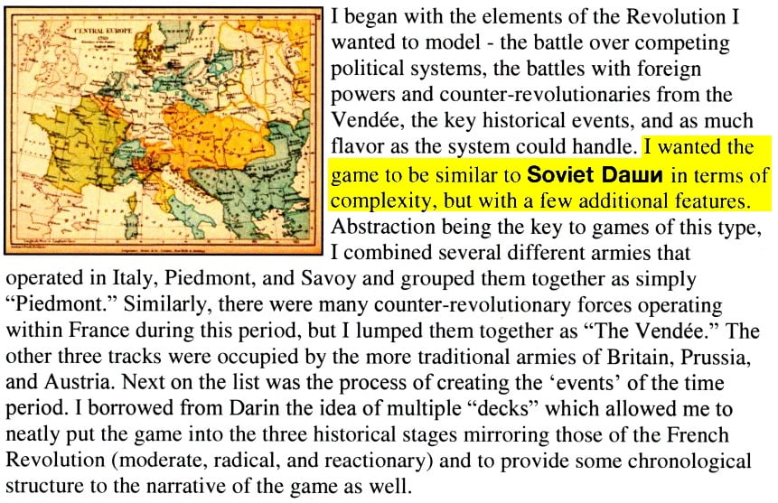 Estratto delle Nore del Designer. La parentela con Soviet Dawn viene esplicitata, come anche la volontà di differenziarsi dal titolo sulla Rivoluzione Civile Russa.