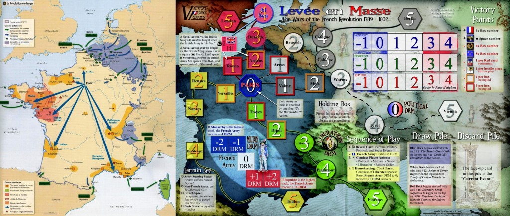 A sinistra la mappa con situazione storica della Francia Rivoluzionaria attaccata da tutte le parti. A destra la mappa del gioco che vuole ricreare tale situazione.