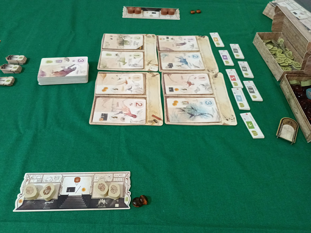 Le risorse Ambra e punti vittoria possono tranquillamente essere lasciate all’interno dell’apposita scatolina, ponendola a fianco dell’area di gioco insieme al mazzo di carte.