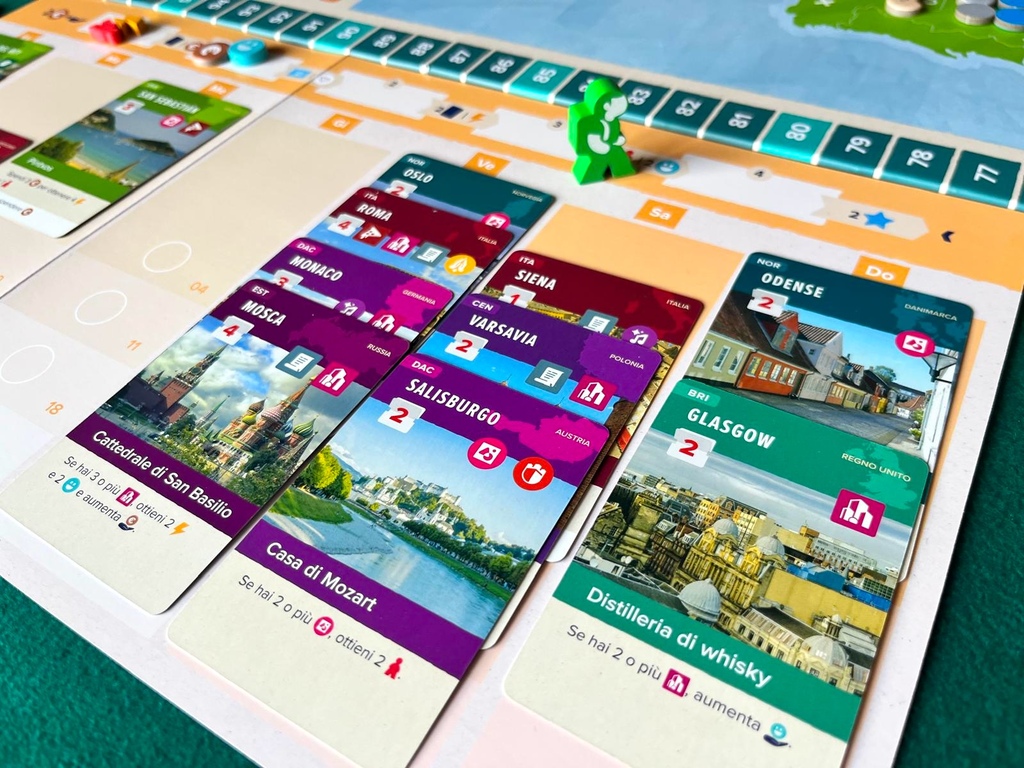 Abroad è un ottimo esempio di collection set: il sistema di icone sulle carte fornisce allo stesso tempo requisiti e punti vittoria